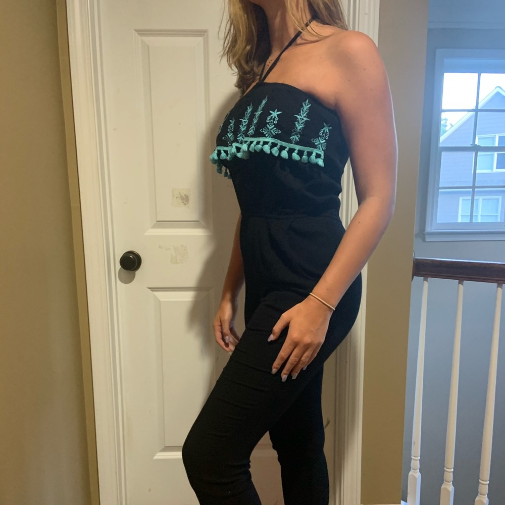 Black cotton jumpsuit w/ teal blue top embroidery